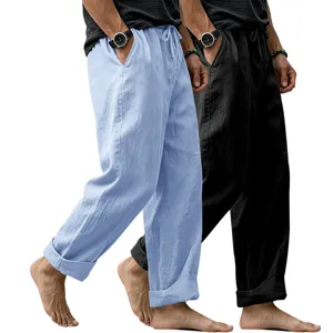 Detail view of men's loose linen casual straight pants showing breathable fabric and comfort.
