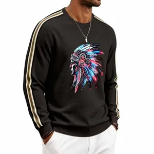 Men's waffle knit sweatshirt with neon Native American graphic, long sleeve crewneck top.