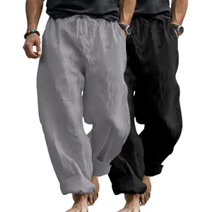 Detail view of men's casual loose linen straight trousers showing fabric texture and fit.