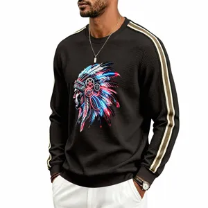 Men's waffle knit sweatshirt with graphic print, casual long sleeve crewneck top detail view.