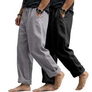 Men's casual loose linen trousers straight leg comfort beach pants two pack solid colors.