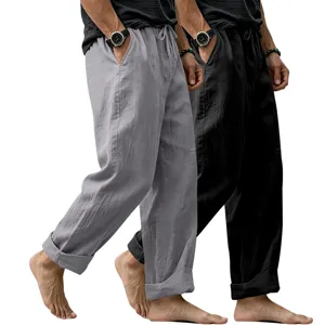 Detail view of men's casual loose linen trousers featuring a comfortable drawstring waist.