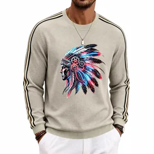 Men's waffle knit long sleeve sweatshirt with Indian cyber graphic and contrast stripes.