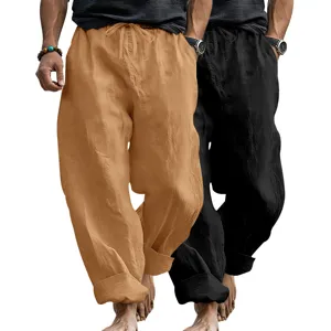 Detail view of men's casual loose linen trousers in dual colors, featuring a comfortable drawstring.