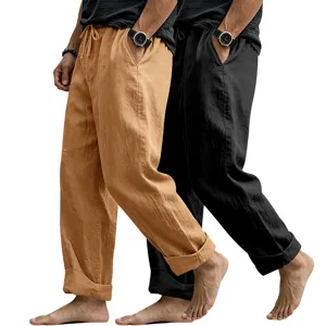 Men's casual loose linen straight long pants, two-piece set with drawstring waist and pockets.