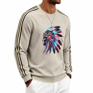 Men's waffle knit sweatshirt, crew neck, contrast stripe sleeves, Native American graphic print.