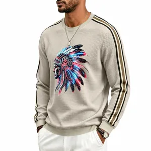 Men's casual waffle knit crewneck sweatshirt with unique Indian graphic print and striped sleeves.