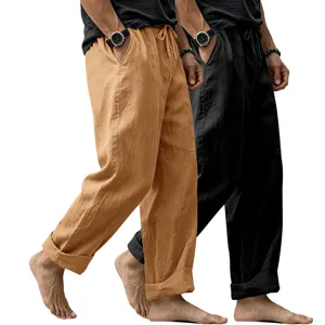 Men casual loose cotton linen trousers breathable straight leg comfortable beach pants 2 pack