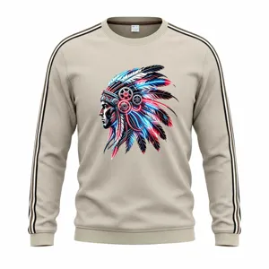 Men casual waffle knit crewneck sweatshirt with Native American graphic print and stripes.