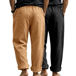 Men's casual loose linen trousers, comfortable breathable straight leg beach pants 2-pack detail view.