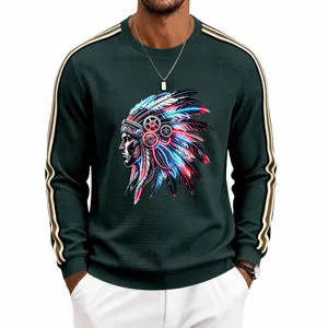 Men's waffle knit crewneck sweatshirt with cool indigenous graphic and side contrast stripes.