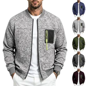 Men's casual fleece-lined stand collar bomber jacket with chest zip pocket and ribbed trim details.