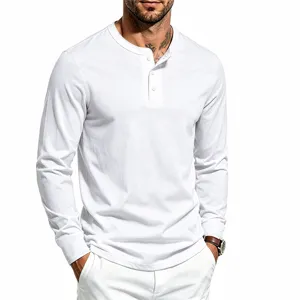 Heren lang mouw Henley t-shirt effen kleur slim fit casual basis top detail aanzicht