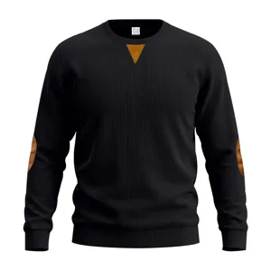 Close-up detail of the black pullover featuring stylish brown leather elbow patches and collar.