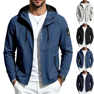 Detailed view of men's casual hooded shell jacket with zipper pockets and adjustable drawstring.