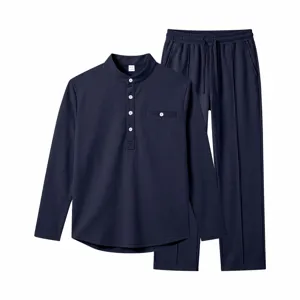 Men casual navy long sleeve henley shirt and straight trousers set for spring autumn.