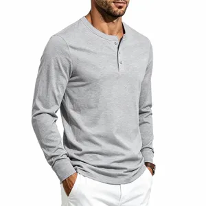 Heren casual lang mouw grijs henley shirt slim fit trui top kleding detail weergave.