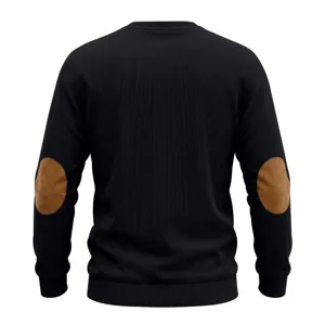 Detail view of a solid black long sleeve knit sweater featuring stylish brown elbow patches for men.