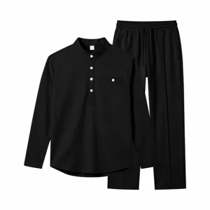 Mens casual black long sleeve henley shirt straight trousers loose set for autumn