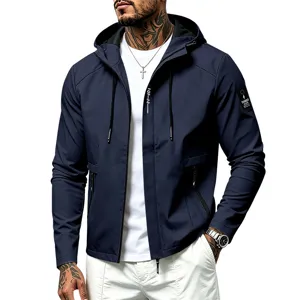 Men's hooded windbreaker casual jacket autumn outdoor sportswear coat with zipper pockets.