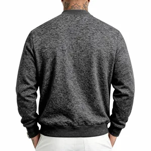 Men's casual dark grey stand collar bomber jacket cardigan, detailed back view design.