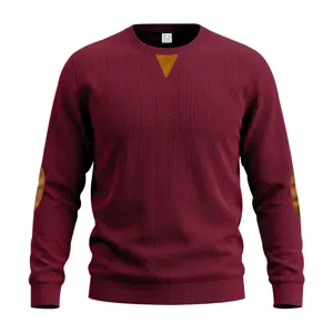 Detailed view of men's ribbed crewneck long sleeve sweater with stylish elbow patches.