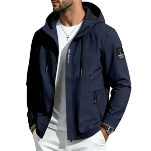 Men's casual hooded windbreaker jacket, autumn outdoor sports zip up outerwear top dark blue