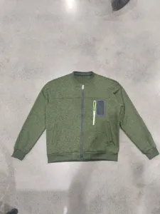 Detail view of the olive green melange men bomber jacket featuring front zipper and chest pocket.