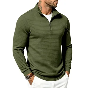 Sudadera de hombre de tejido gofrado con cremallera, manga larga verde militar.