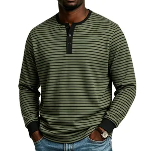 Maglietta Henley uomo manica lunga a righe, top pullover casual vintage con bottoni.