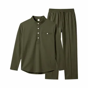 Men's olive green long sleeve henley shirt and straight leg casual trouser matching set.