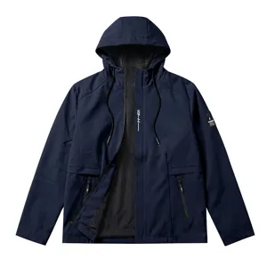Detailed view of the casual autumn men's hooded outdoor windbreaker jacket in dark blue.