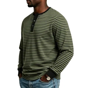 Maglietta Henley a maniche lunghe a righe da uomo casual vintage basic business top.