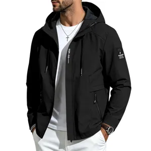 Men's black hooded windbreaker casual jacket with zipper and pocket details for outdoor wear.