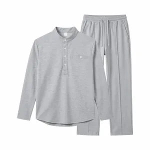 Men's casual long sleeve henley shirt and straight leg trousers loose two piece suit gray