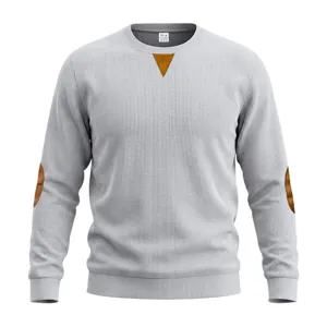 Men grey ribbed long sleeve sweatshirt with elbow patches and V-neck insert top design