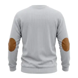 Back detail of men casual grey ribbed crewneck long sleeve sweater with brown elbow patches
