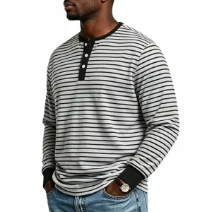 Maglietta Henley uomo manica lunga a righe stile retrò minimalista casual streetwear