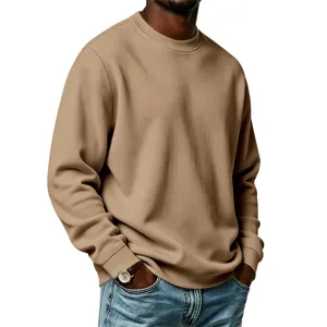 Herren einfarbiger khakifarbener Rundhals Pullover Detailansicht, lässiges Oberteil.