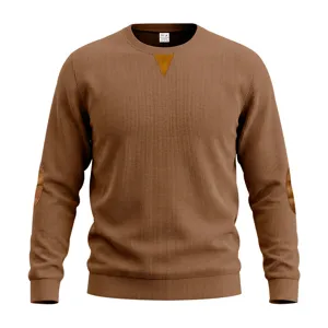Men brown crewneck long sleeve sweater detail view, casual comfortable ribbed pullover top.