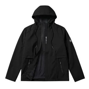 Men black hooded windbreaker jacket close up detail view outdoor sports casual outerwear top