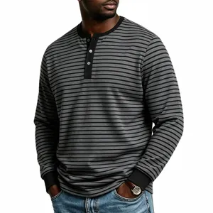 Uomo maglietta henley a manica lunga a righe grigie stile casuale comoda per autunno