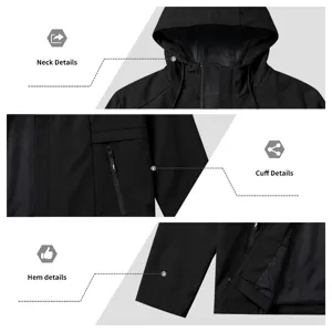 Black hooded windbreaker jacket detail view showing collar, zipper pocket, and cuff design.