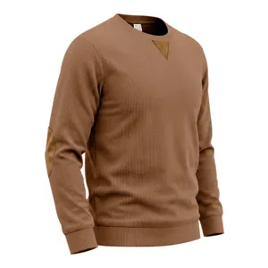 Men's casual ribbed crewneck long sleeve sweatshirt with cozy elbow patches and solid color.