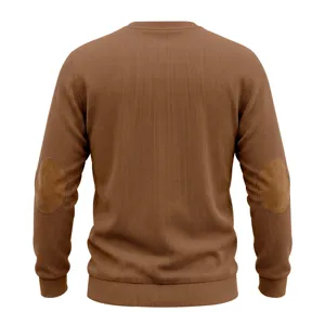 Brown ribbed long-sleeve sweatshirt with elbow patches, casual crew neck design for men.