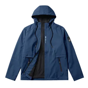 Mens casual outdoor sports hooded windbreaker jacket, breathable lightweight coat detail view.