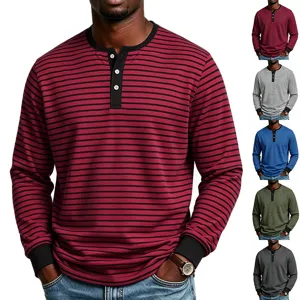 Camicia Henley da Uomo Casual a Righe a Manica Lunga Vintage Minimalista Poliestere Traspirante Pendolarismo Top da Uomo