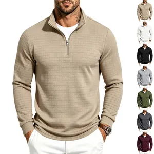 Sudadera para Hombre con Cremallera de Cuarto Cuello Alto Patrón de Jacquard de Rejilla Jersey de Manga Larga Casual Negocios Conmutación Top de Punto