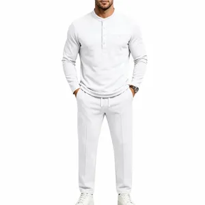 Men's Casual White Long Sleeve Henley Shirt And Matching Straight Leg Trousers Outfit Set