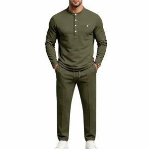 Men's olive green long sleeve henley shirt and straight leg sweatpants casual outfit set.